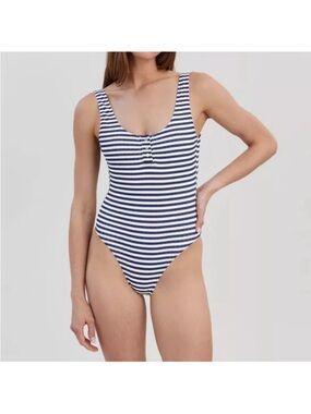 Solid & Striped Scoop Neck One-Piece Swimsuit - Navy/White
